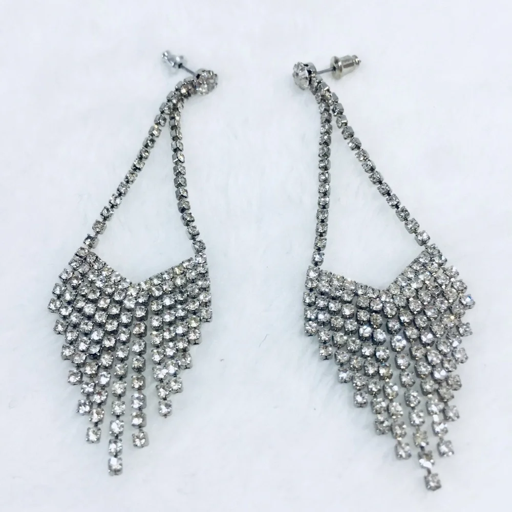 Silver Tone Post Pierced Earrings Clear Sparkling